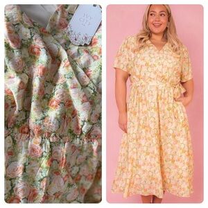 Ivy City Co Peach and Green Floral Midi Dress